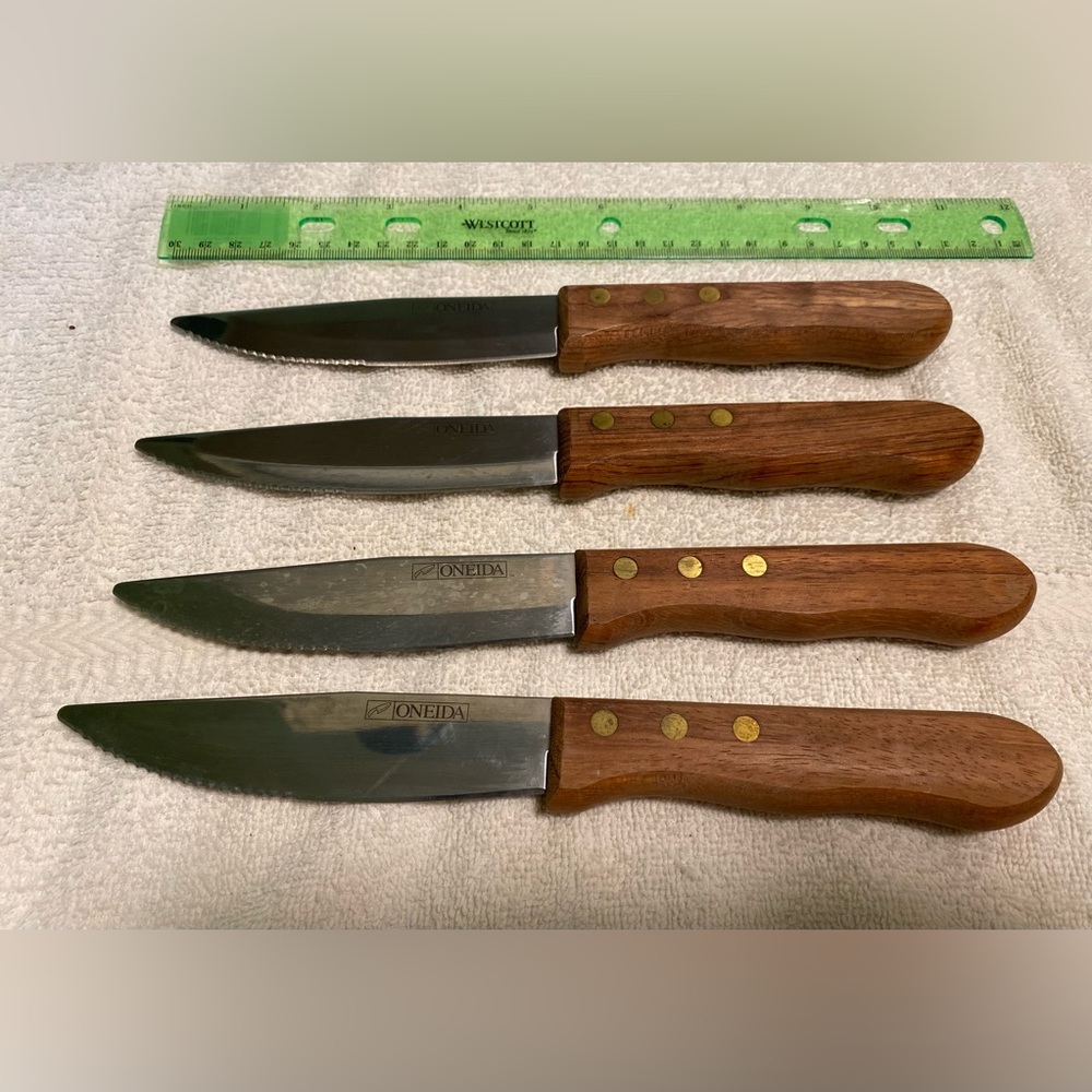 Oneida 10” Jumbo XL Wood Handle Serrated Steak Knives 4 Vintage Stainless Steel